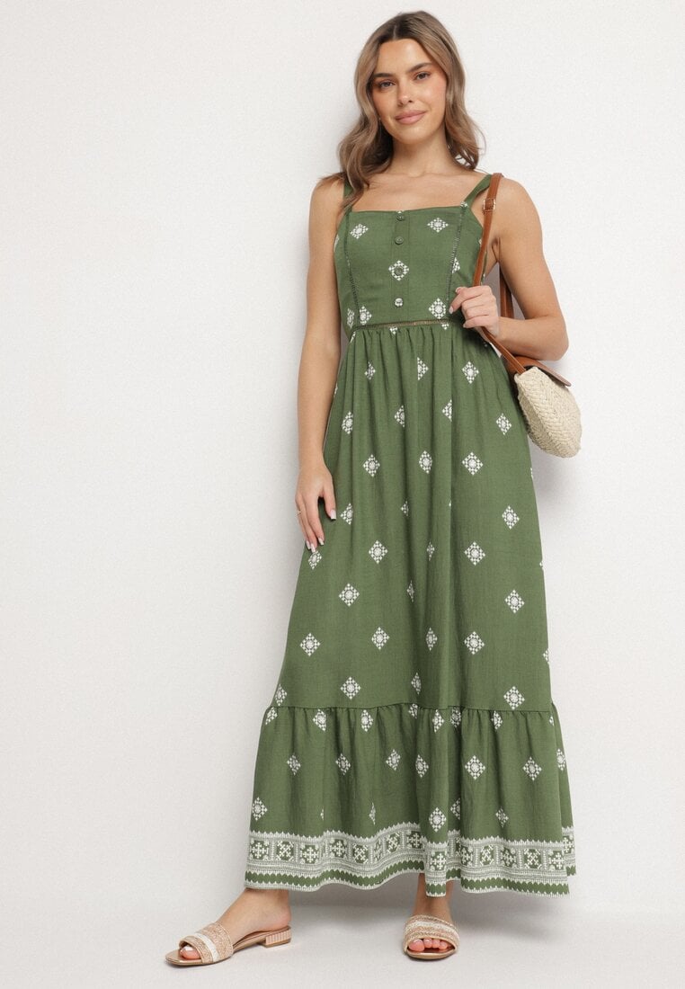 Rochie Evazată Verde cu bretele din viscoză cu imprimeu etnic Lealena