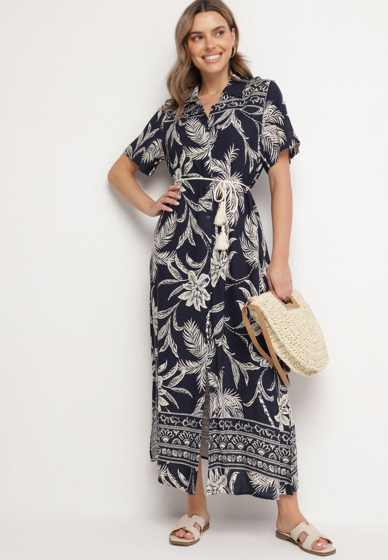 Rochie cămașă bleumarin din viscoză cu imprimeu floral cu buzunare Eramira