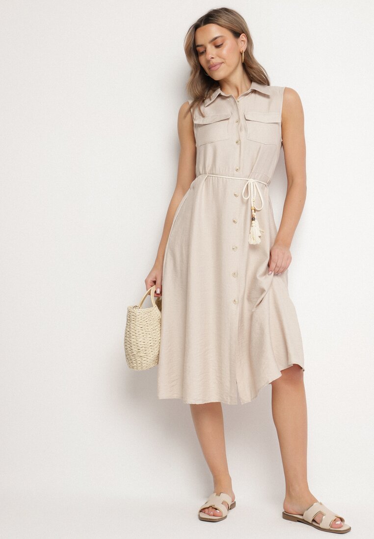 Rochie-cămașă Bej din viscoză cu croi evazat, cu cordon cu franjuri Zenbia