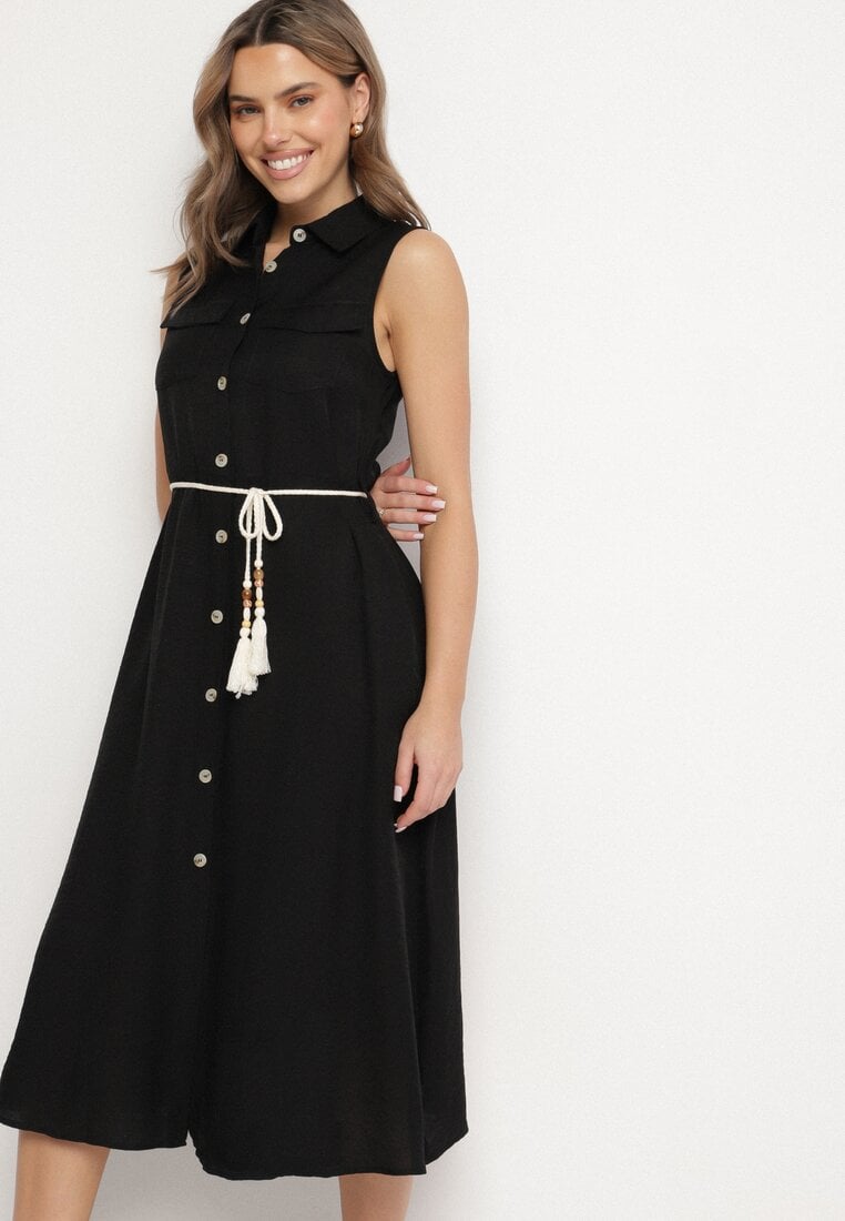Rochie Neagră de cămașă din viscoză cu croială vaporoasă cu legătură cu franjuri Zenbia