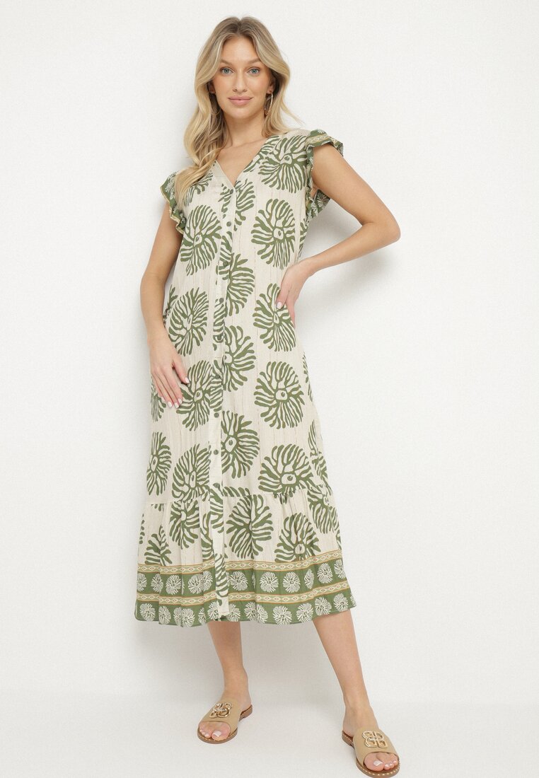 Rochie Cămașă Verde cu Vâscoză și Imprimeu Geometric Siledia