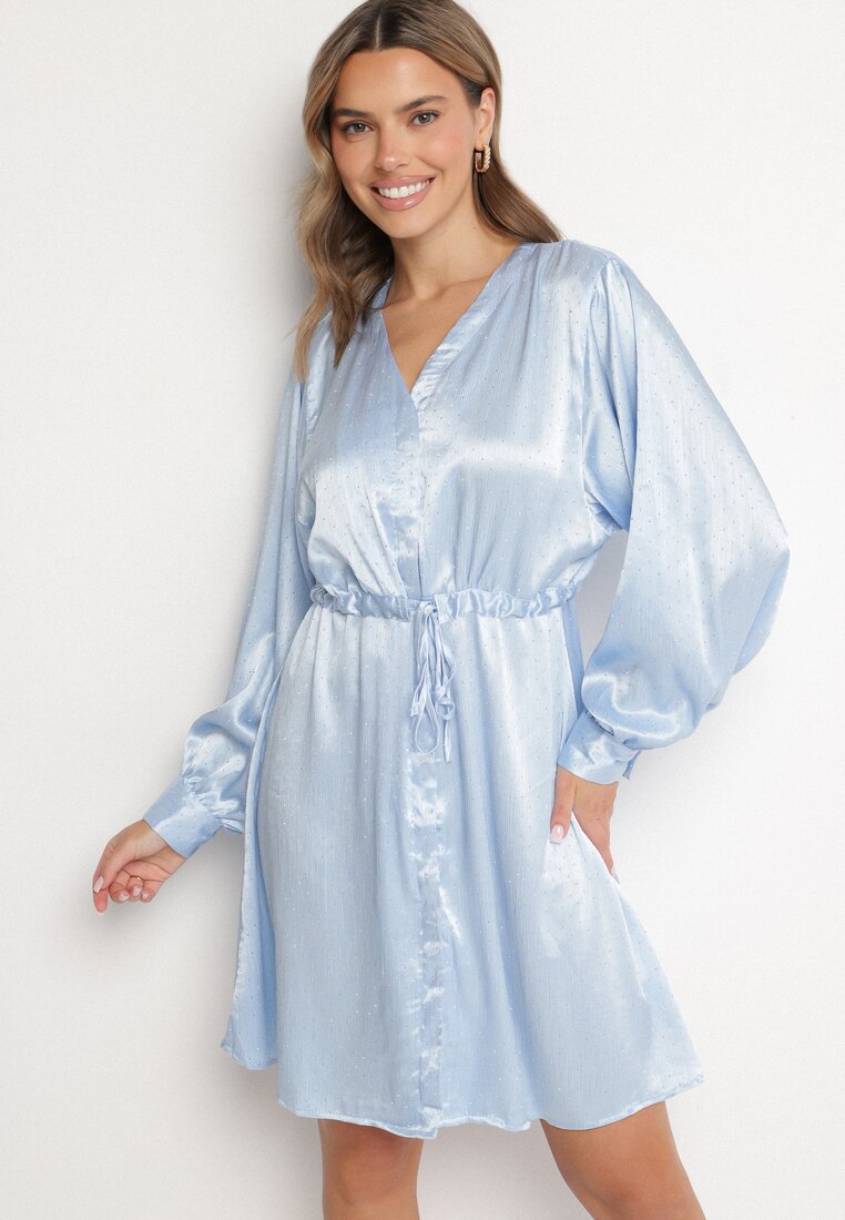 Rochie Cămașă Albastră Satinată cu Curea și Zirconii Poledia