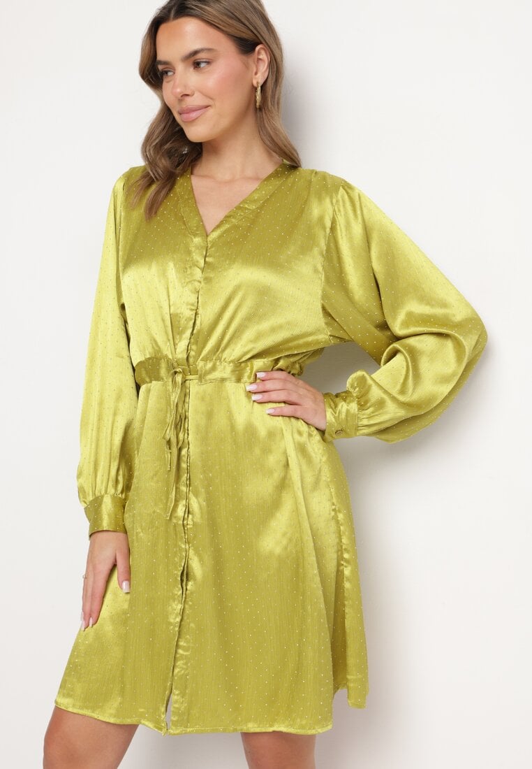 Rochie Verde De Satin Tip Cămașă cu Centură și Pietre Decorative Poledia