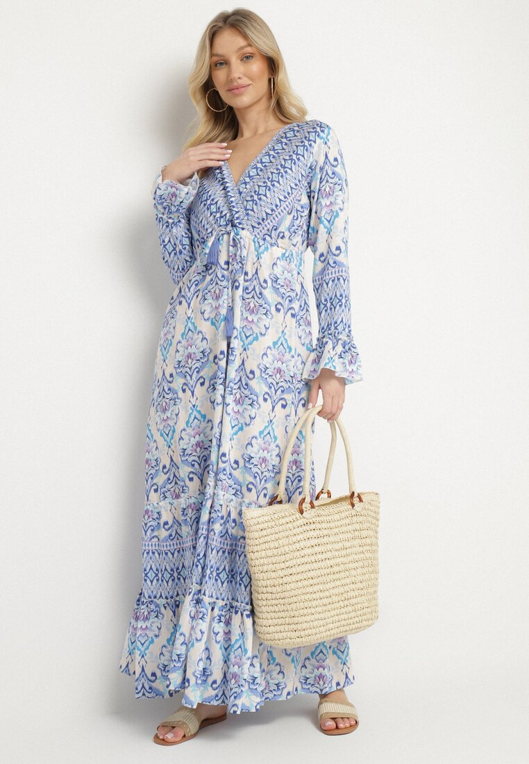Rochie Rozkloszowana Albastră din Viscoză cu Volane și cu Imprimeu Etnic Koririane
