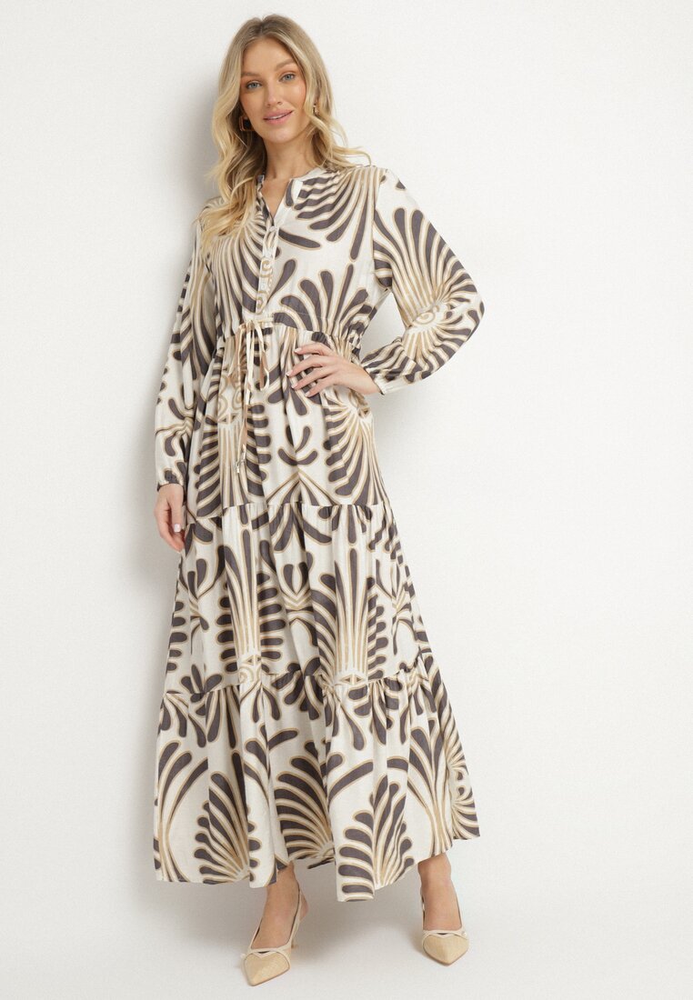 Rochie Negru-Crem din Vâscoză cu Croială Cloș cu Motiv Floral Korisaria