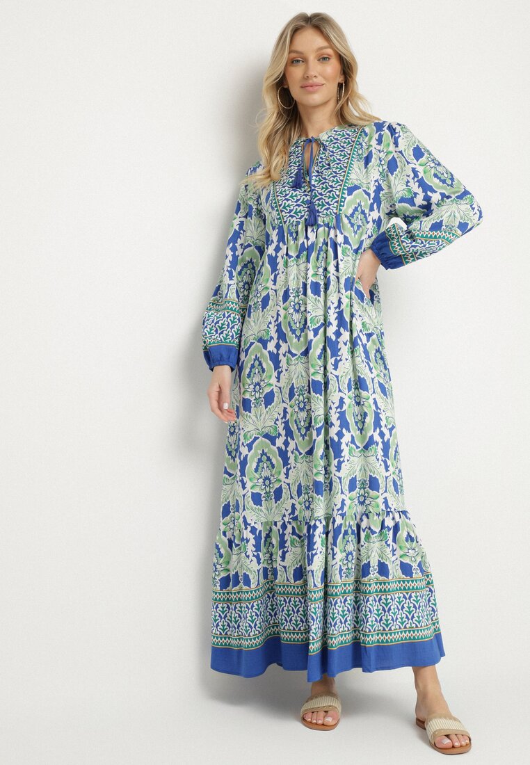 Rochie Albastru-Verde cu croi evazat cu legătură cu franjuri cu model etnic Ridalea