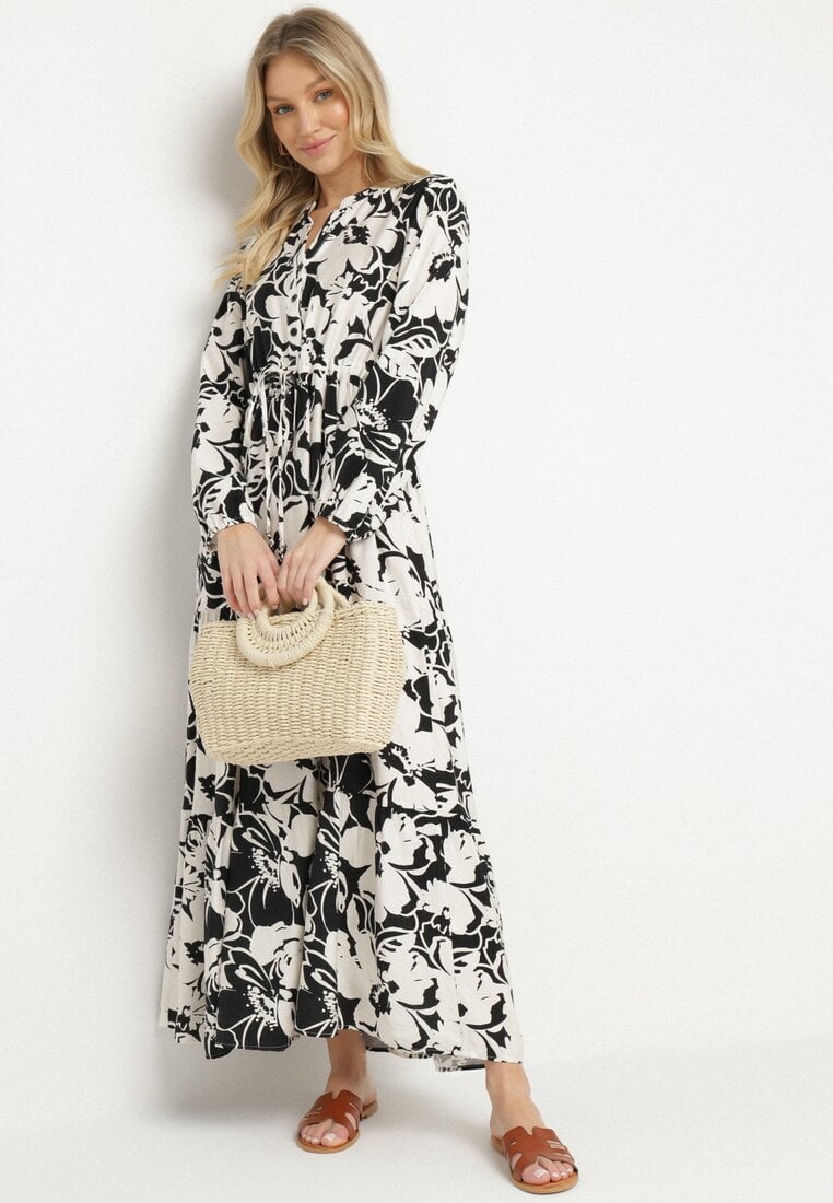 Rochie Evazată Neagră din Viscoză cu croi tip cămașă cu Imprimeu Floral Ridisiana