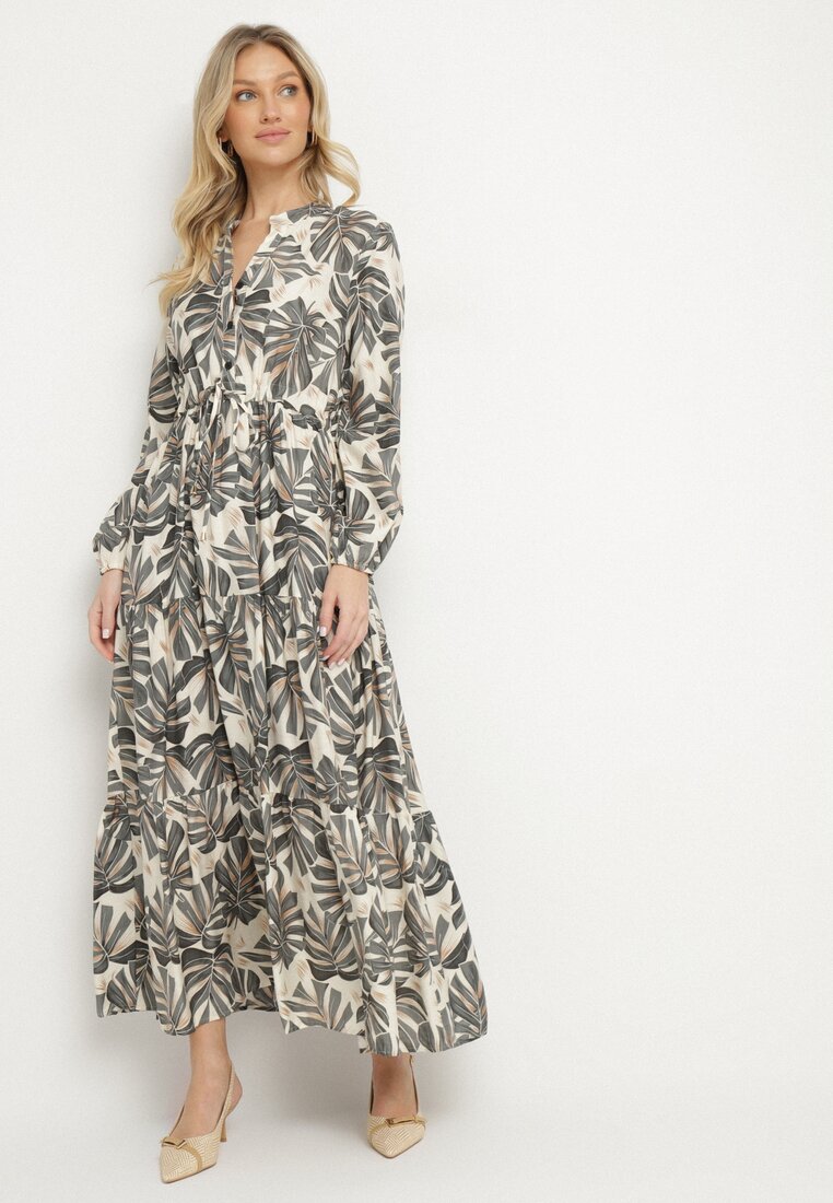 Rochie bej-gri cu vâscoză cu croi evazat cu motiv floral Edionilira