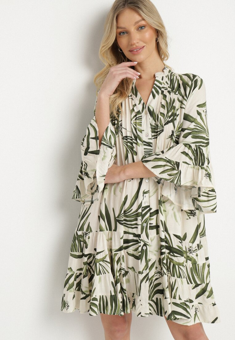 Rochie Verde din Viscoză cu Croi Cloș cu Volane cu Imprimeu Floral Ridiara