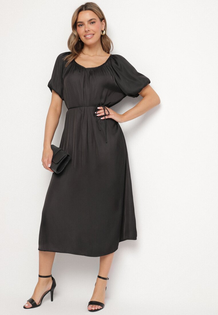 Rochie Neagră tip cutie cu Decolteu Barcă Legată în Talie Sonaliris