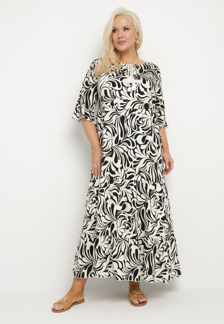 Rochie Neagră din Viscoză cu Croială Dreaptă cu Legătură cu Imprimeu Floral Edirania