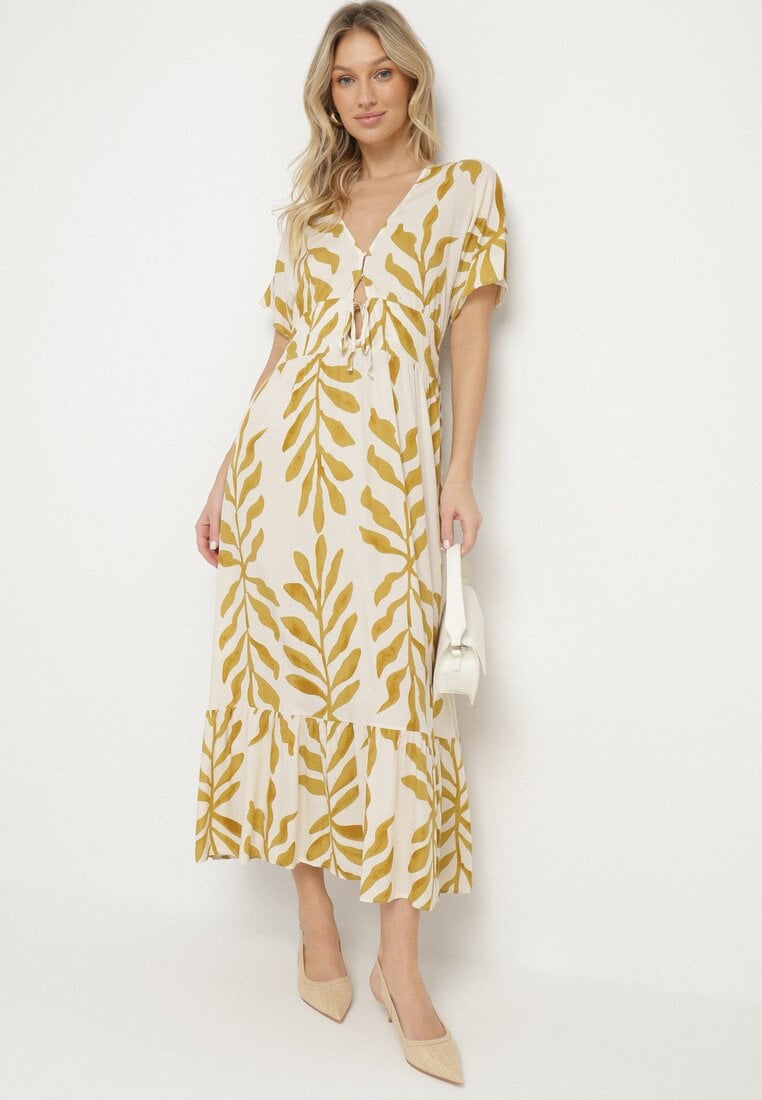 Rochie Galbenă din Vâscoză Decorată cu Frunze Erisola