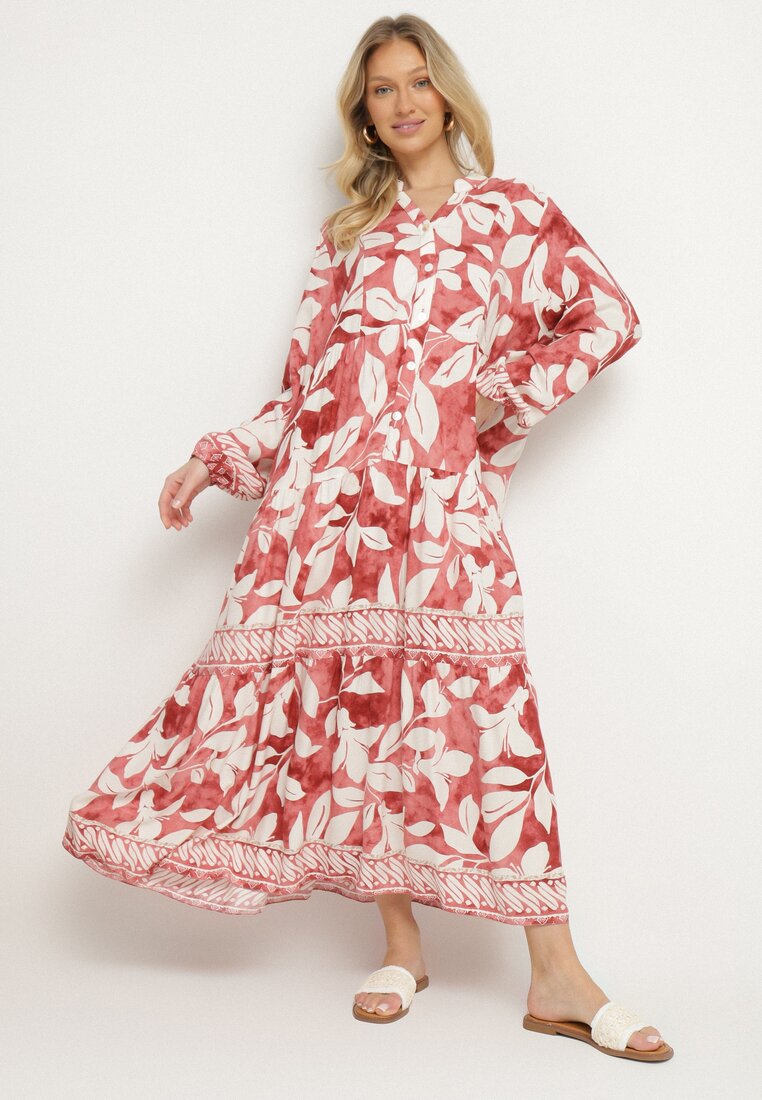 Rochie Roșie Tip Cămașă din Viscoză cu Motiv Frunze Liorenna