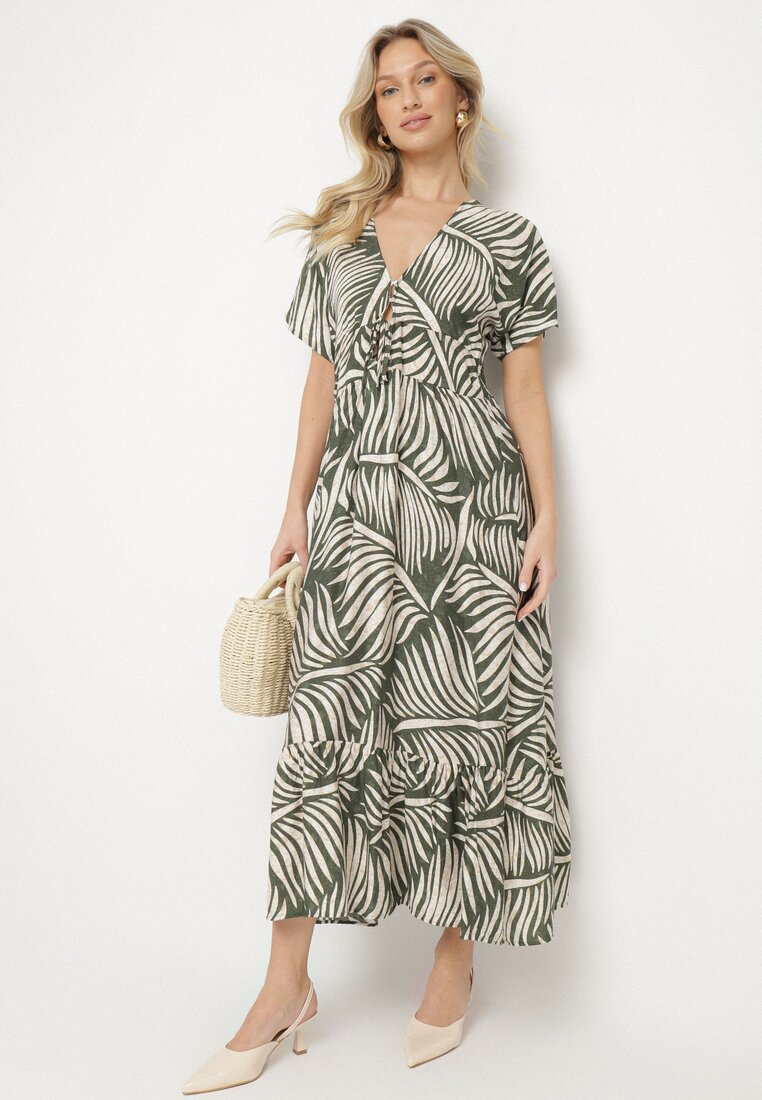 Rochie Verde din Vâscoză Cloș cu Imprimeu cu Frunze Draledia