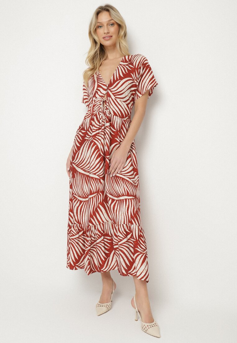 Rochie Roșie Viscoză Cloș cu Imprimeu cu Frunze Draledia