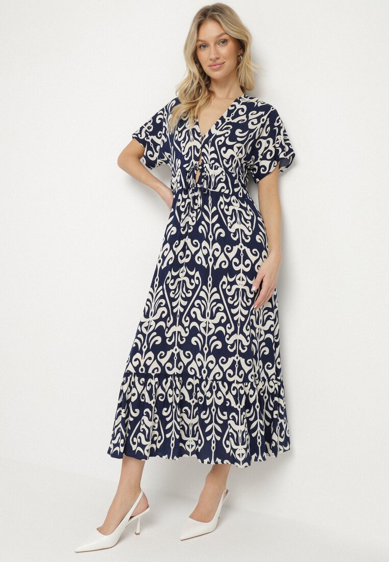 Rochie Albastră din Viscoză cu Imprimeu Abstract Faledira