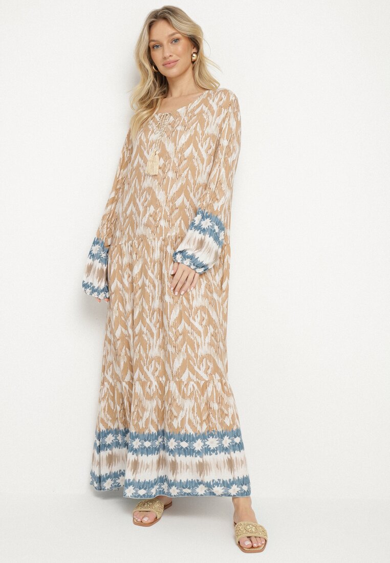 Rochie bej evazată cu legătură decorativă cu model Boho Erainea