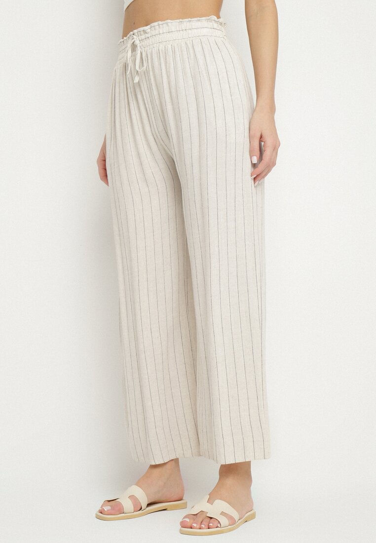 Pantaloni Largi Bej cu In cu Dungi Legați în Talie Firedia