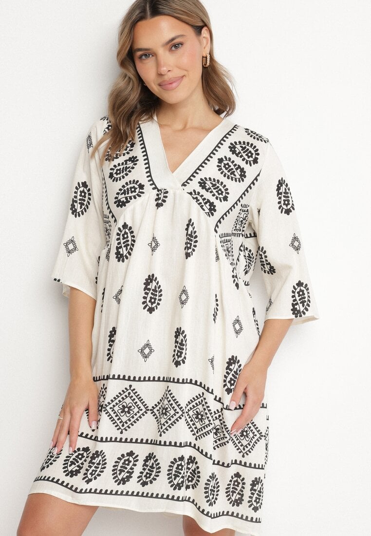 Rochie Negru și Alb din Viscoză cu Model Boho Frisana