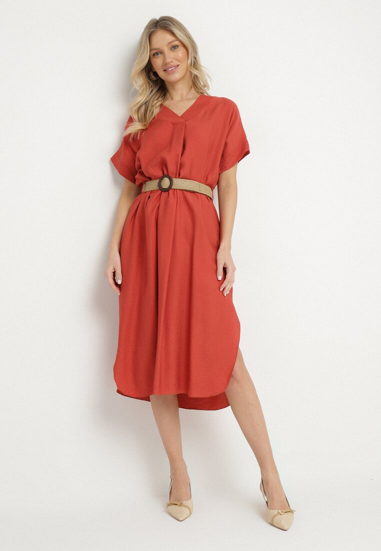 Rochie roșie dreaptă din viscoză cu cordon și șlițuri laterale Sonanira