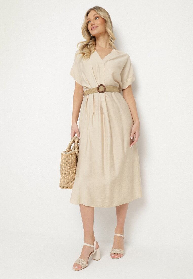 Rochie Bej din Viscoză croi drept cu Curea și Despicături laterale Sonanira