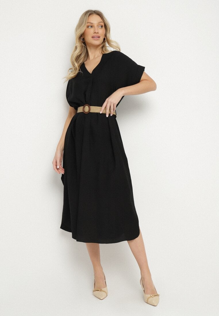 Rochie Neagră Viscoză Dreaptă cu Cureaua și Fante Laterale Sonanira