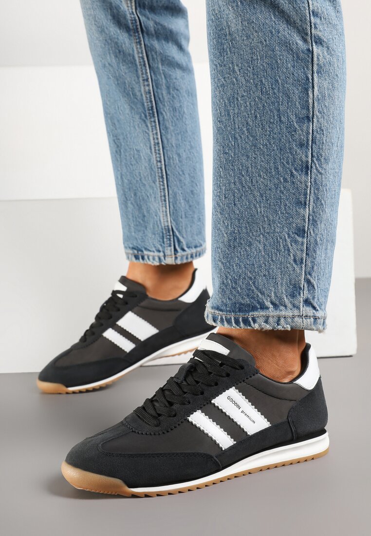 Sneakers Clasici Tip Tenisi Negri-Albi cu Branț din Piele și Piele Întoarsă Naturală Tilritia