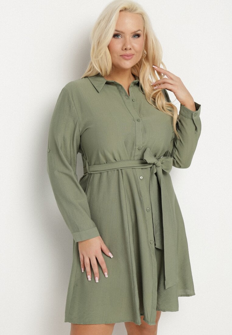 Rochie Cămașă Verde din Viscoză cu Cordon din Material Edirilea