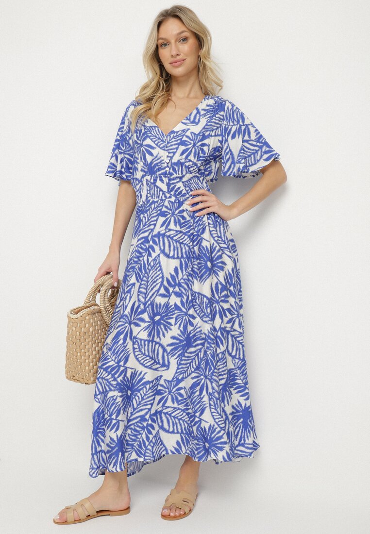 Rochie Albastră cu Model Floral cu Mâneci Cloș și Elastic în Talie Erivane