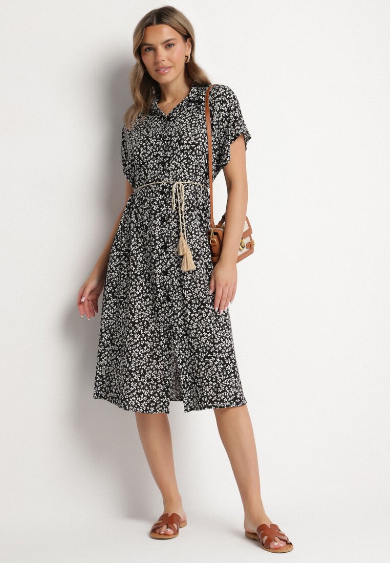 Rochie tip Cămașă din Bumbac Negru-Alb cu Imprimeu Floral cu Fustă Cloș Jerilsa