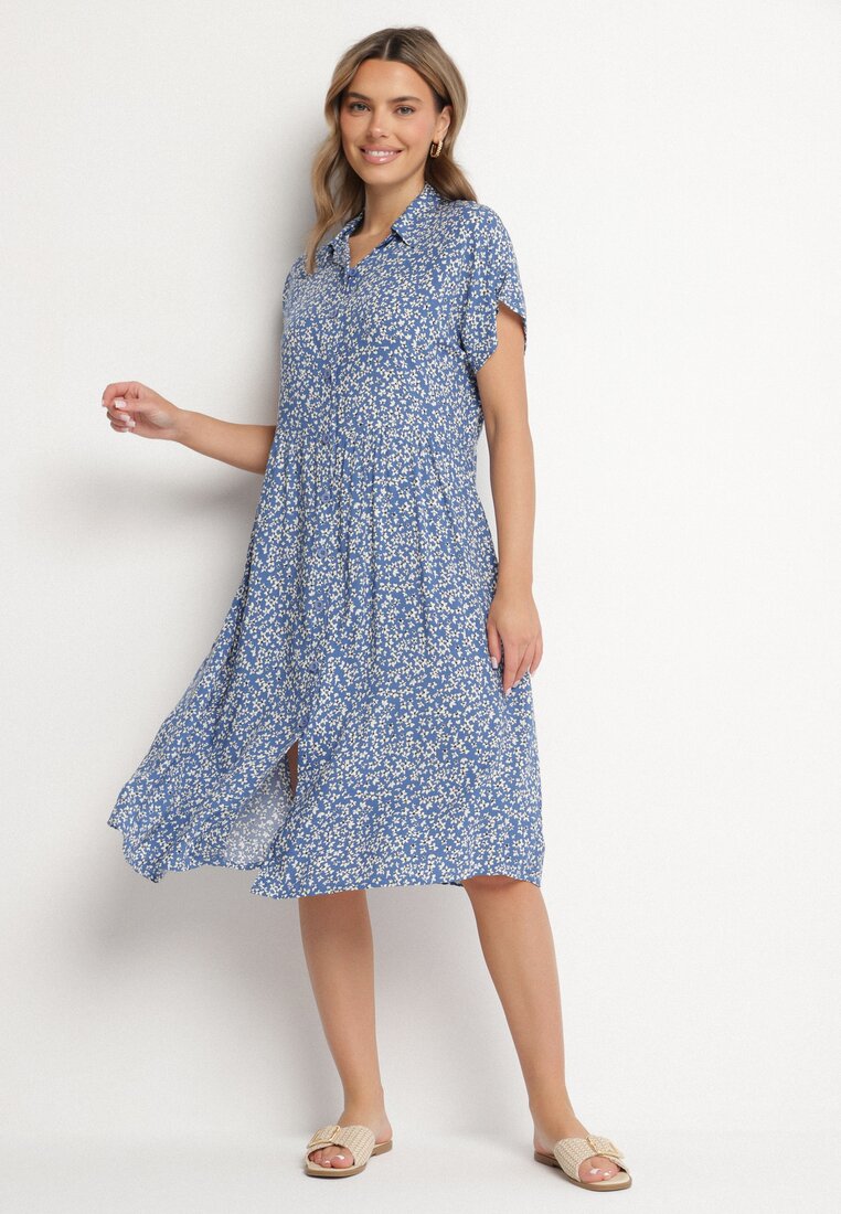 Rochie Cămașă Bleumarin Bumbac Florală cu poale evazate Jerilsa