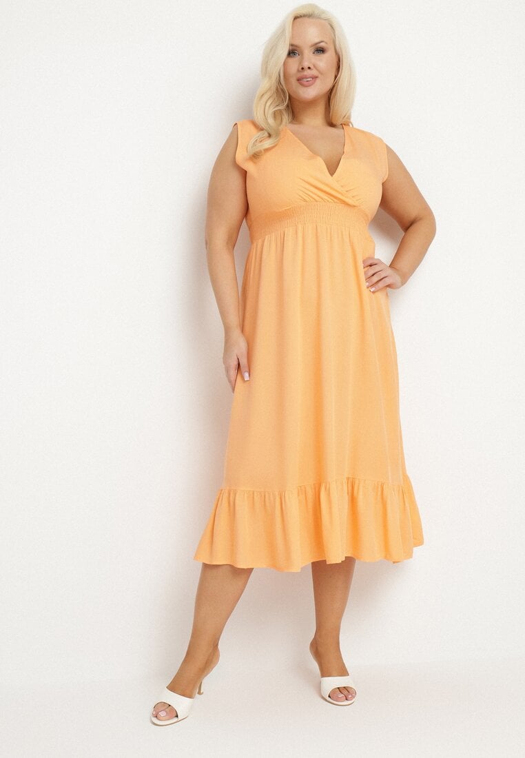 Rochie Portocalie Viscoză cu Croi Petrecut cu Volan Uliria