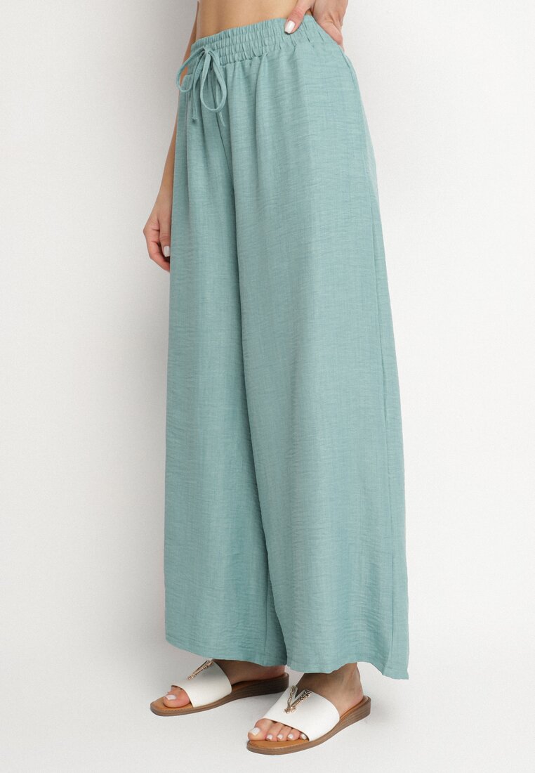 Pantaloni Verde Mentă cu Croială Largă cu Talie Înaltă și Legare Telarieta