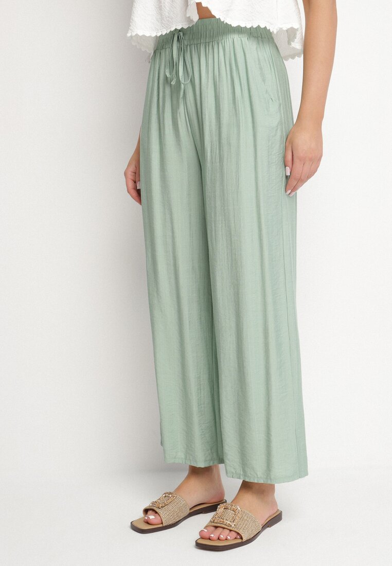 Pantaloni largi menta Palazzo cu talie înaltă și cordon Myrlevia