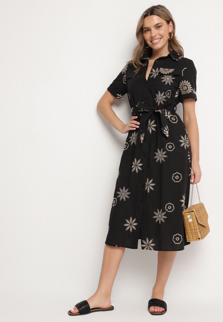 Rochie cămașă neagră din Viscoză cu Flori Brodate și Curea Diviera