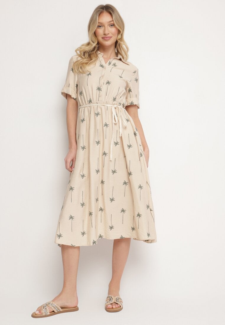 Rochie Bej Cloș din viscoză cu croi tip cămașă cu curea legată Lisalinea