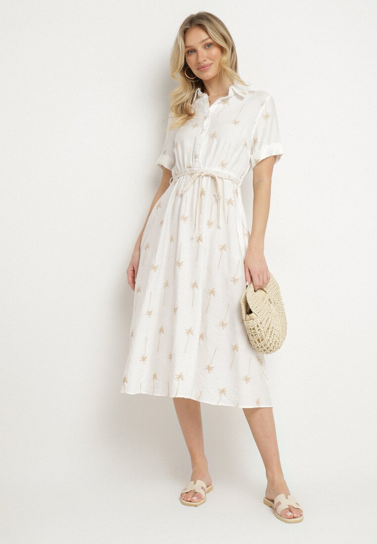 Rochie Albă Cloș din Viscoză cu Croială tip Cămașă cu Centură Legată Lisalinea