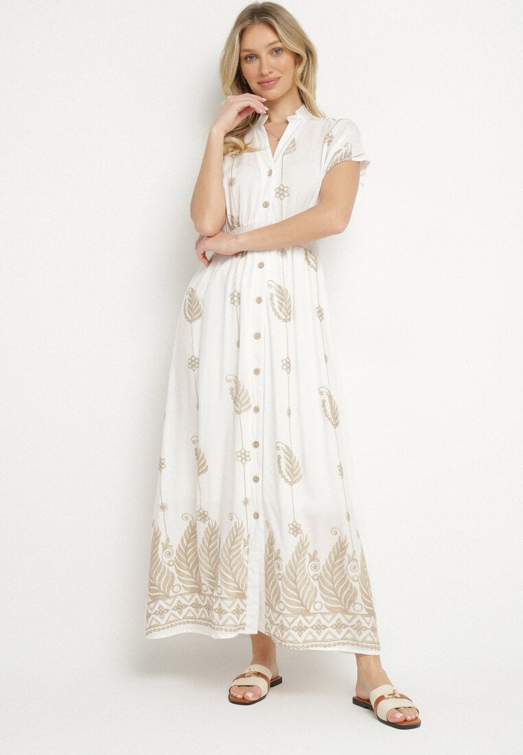 Rochie-cămașă Albă din Bumbac Decorată cu fir Metalic Tirlio