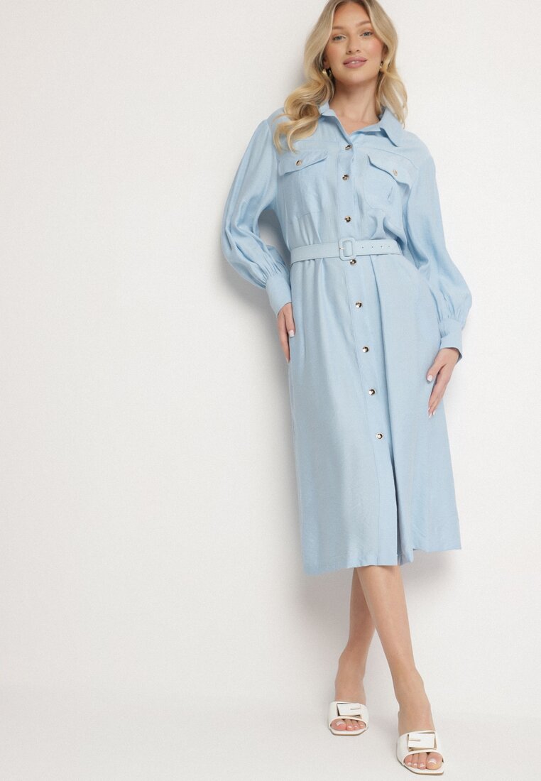 Rochie Albastră din Viscoză cu croială tip cămașă cu cordon și cataramă și buzunare Lisavianna