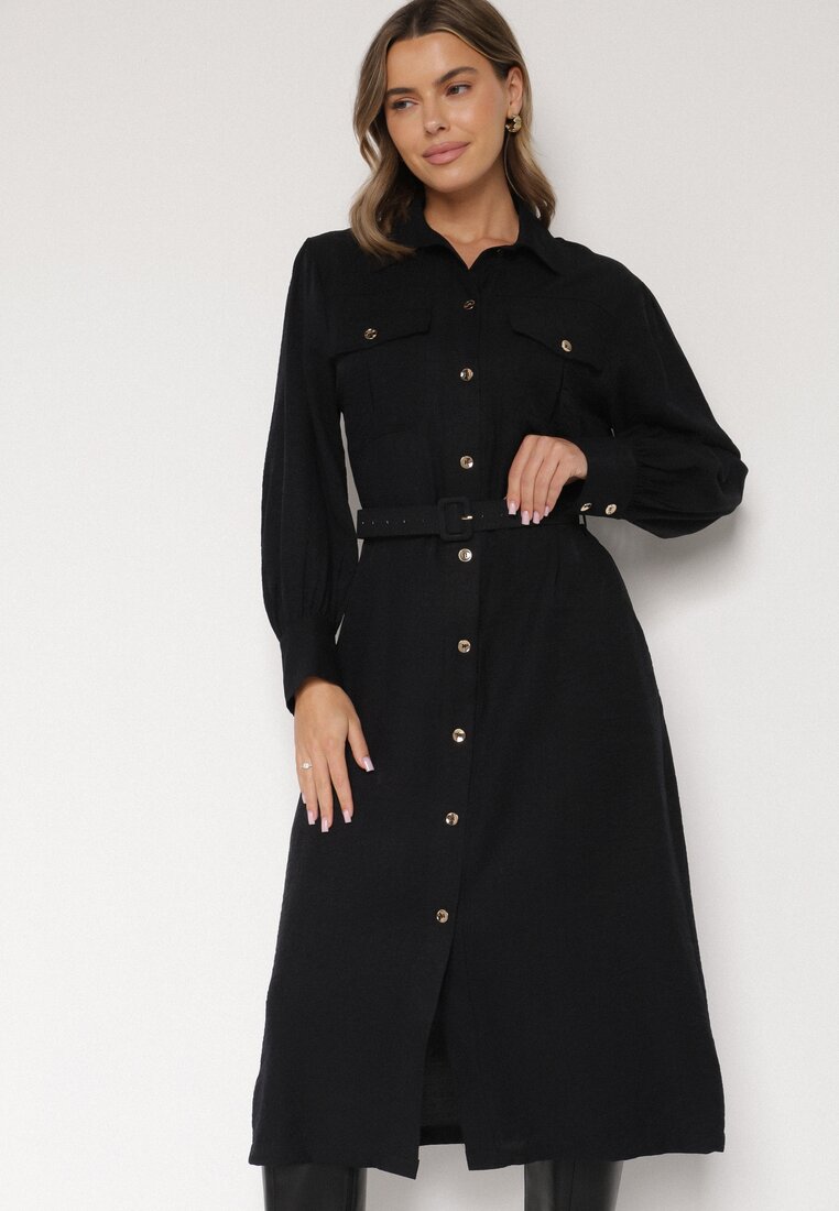 Rochie neagră din vâscoză cu croială tip cămașă cu cordon cu cataramă și buzunare Lisavianna