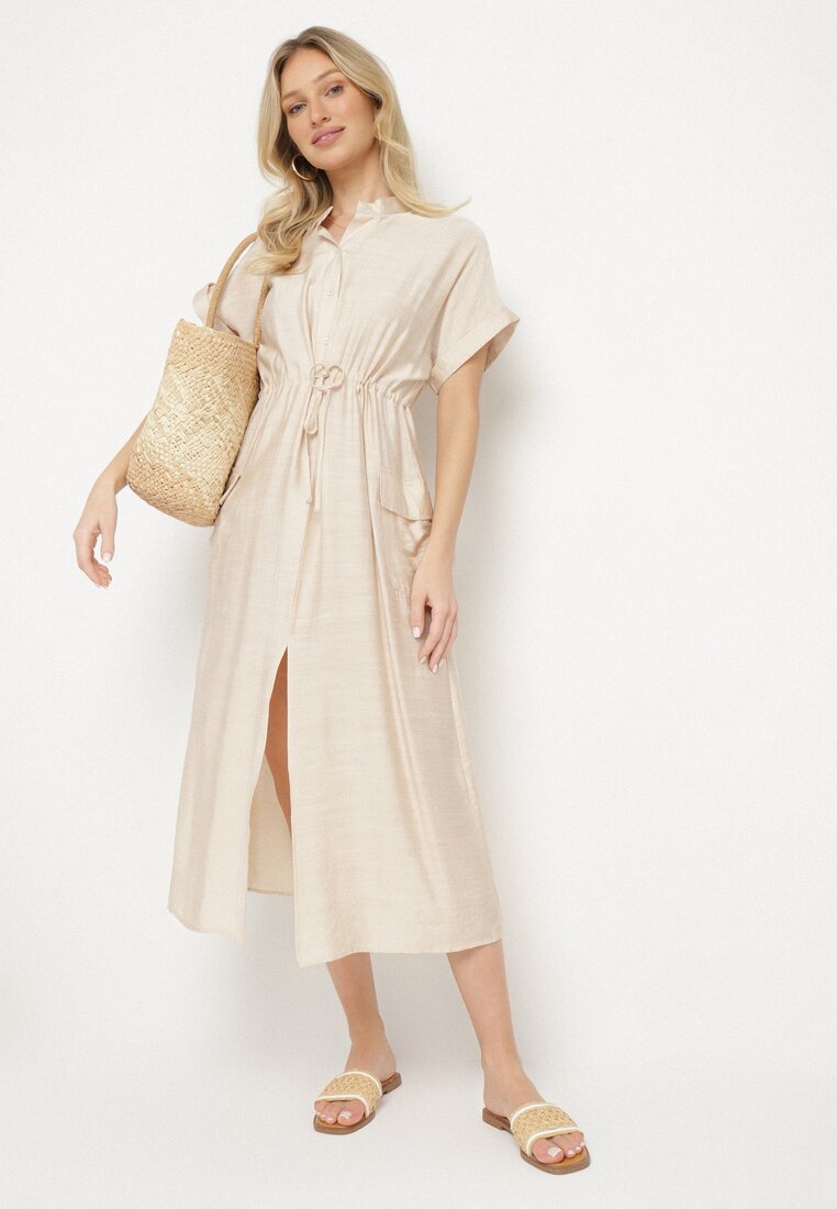 Rochie cămașă bej cu viscoză cu legătură în talie Polliana