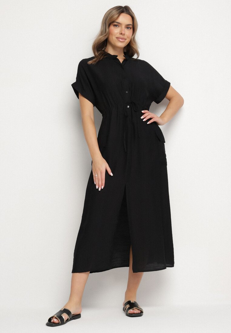 Rochie tip cămașă Neagră cu viscoză cu cordon în talie Polliana