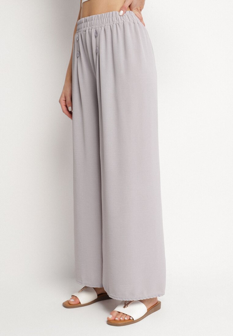 Pantaloni Gri Largi din Bumbac cu talie înaltă și nasturi Avelritia