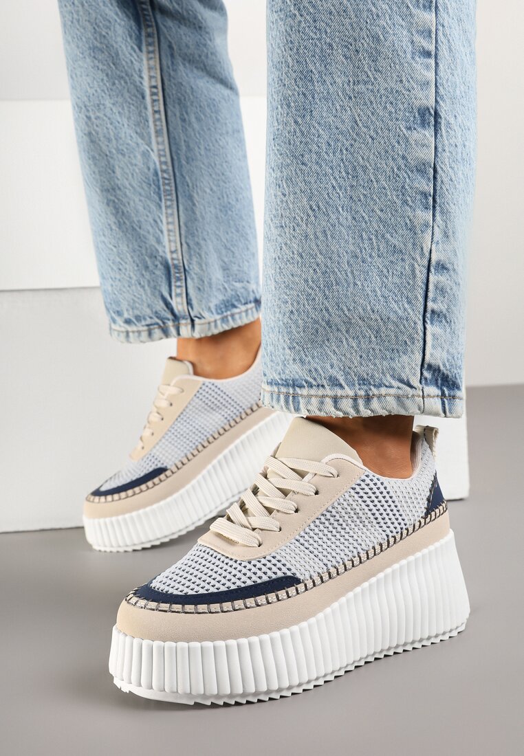 Sneakers Albastru-Bej pe Talpă Groasă cu Reliefuri Decorați cu Cusături Falinia