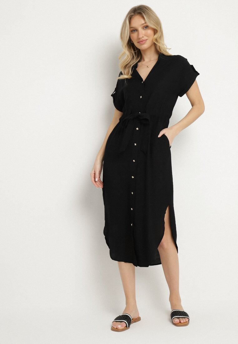 Rochie Cămașă Neagră Vâscoasă Evazată cu cordon textil Katessae