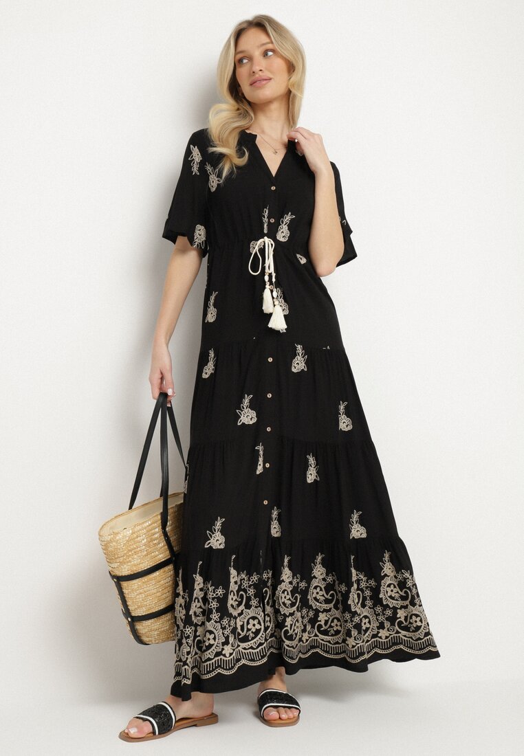 Rochie Neagră din Vâscoză Boho cu Croi Evazat, Broderie și Legătură Lilvanis