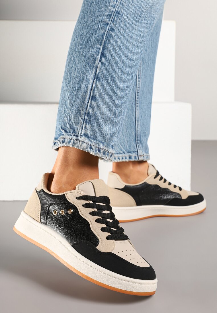 Adidași Negru-Bej cu Cusături Decorative în Stil Streetwear Neoniela
