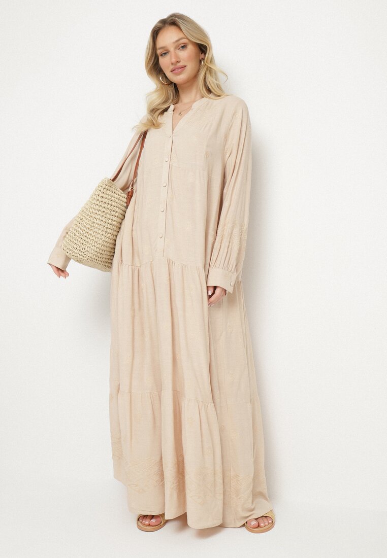 Rochie Bej deschisă Evazată cu Corsaj tip cămașă cu Model etno Ronitta