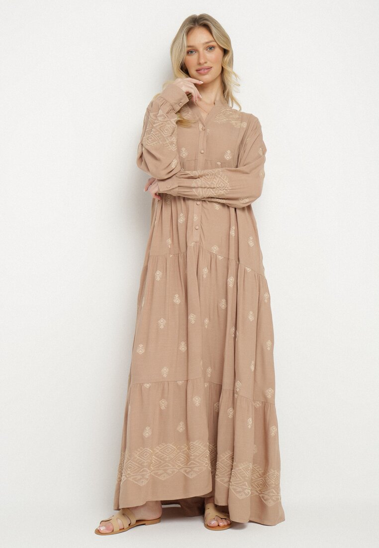 Rochie Bej Evazată cu Corsaj Tip Cămașă cu Model Etnic Ronitta