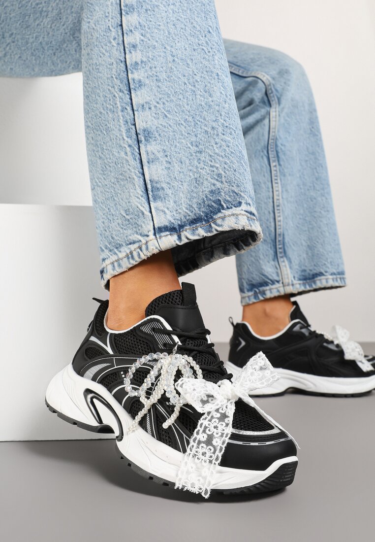 Sneakersy Negre decorate cu motiv geometric, fundă și mărgele Saralinae